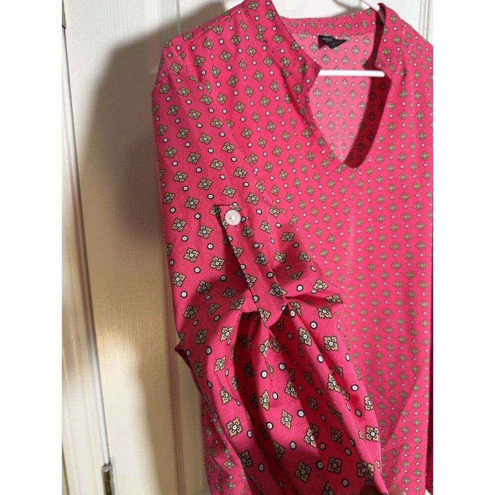 Shein Curve Pink Geometric Print V-Neck Roll Tab Sleeve Blouse Top Plus Size 2XL - Picture 2 of 9